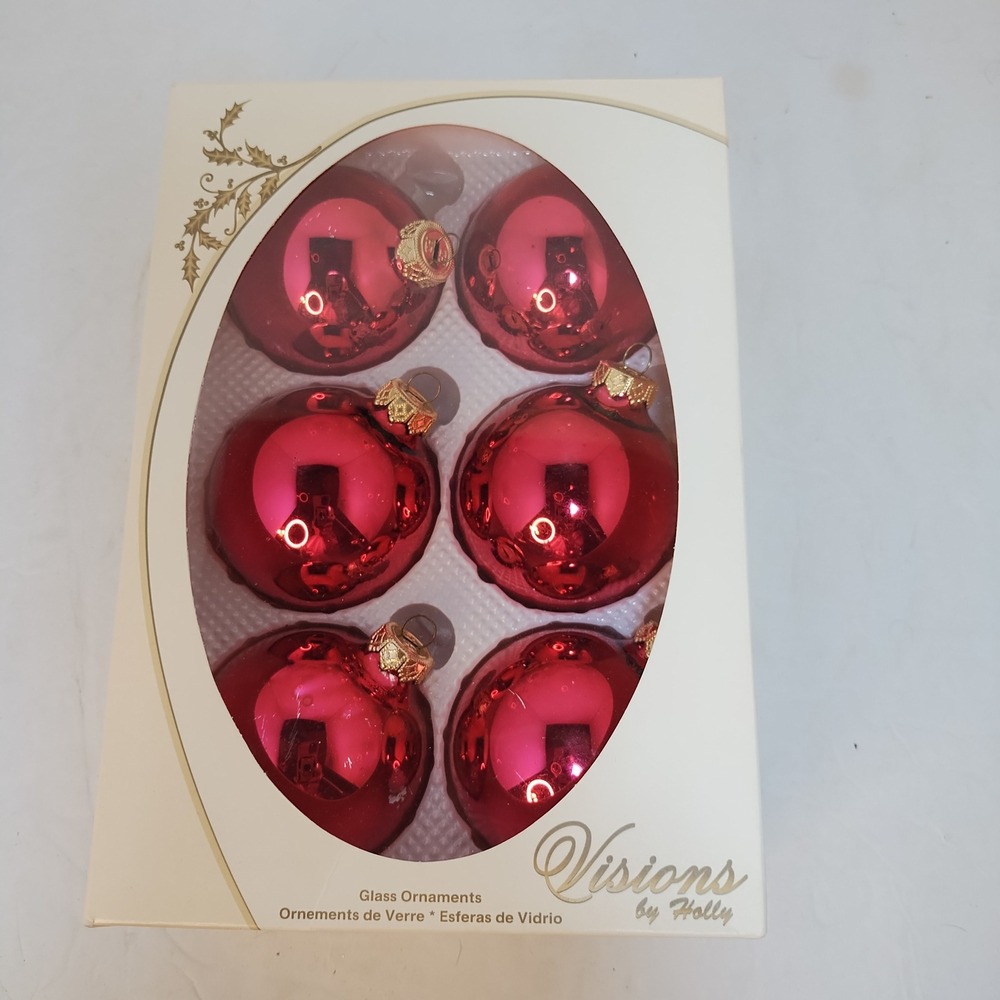 Set of 5 Red Glass‎ Christmas Ornaments Visions by Holly Shiny Ball Baubles